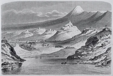 View of New Plymouth and Mount Egmont, Illustration from The Return to the World